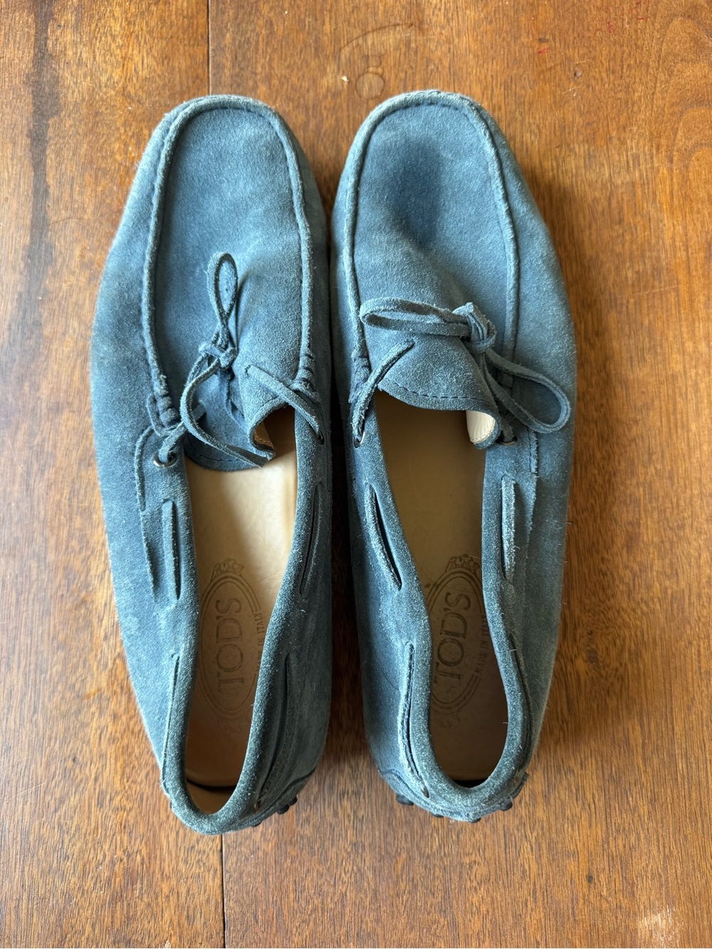 Tod's Teal Suede Driving Loafers with Tie Detail